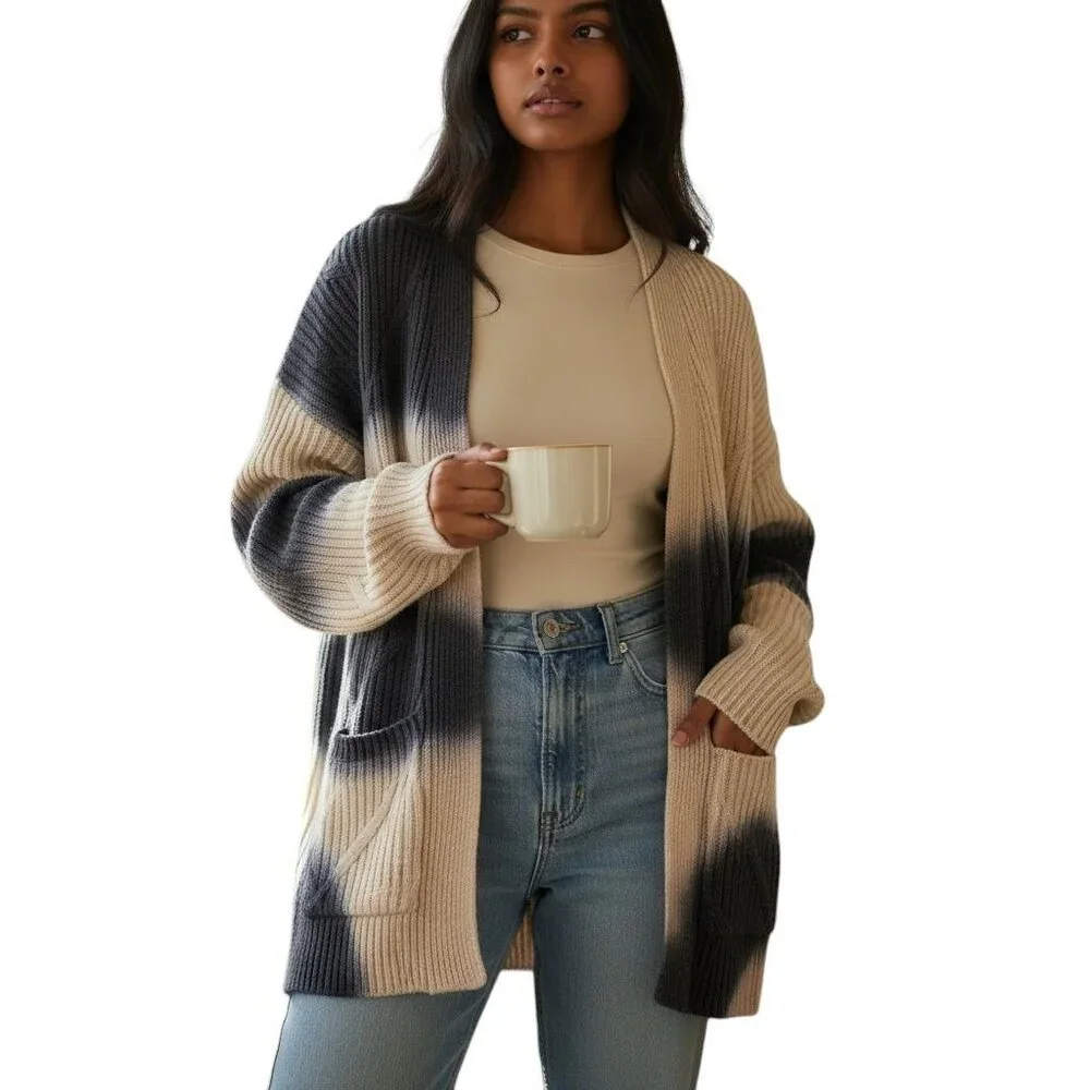 J.Jill Pure Jill Women's Cable Knit Cardigan Open Front Blue Ivory Tie-dye Large - Picture 1 of 16